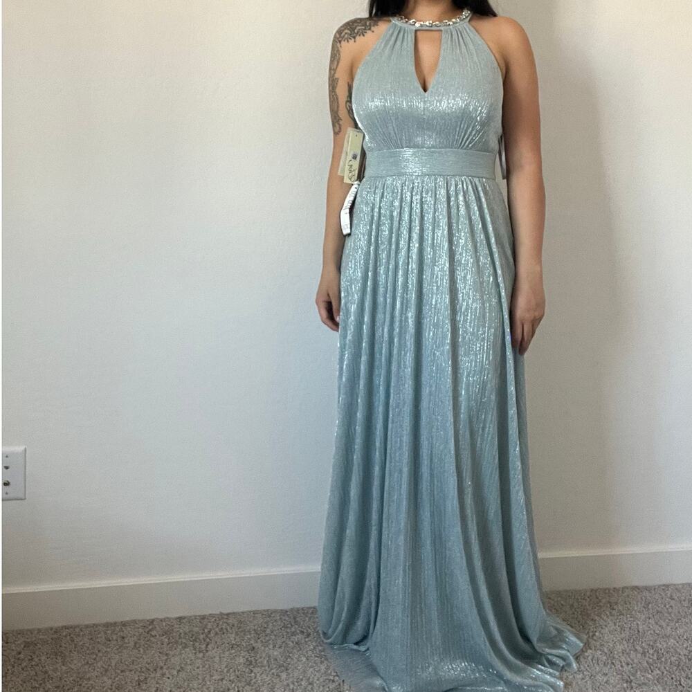 NEW Eliza J Halter neck Light Blue metallic keyhole dress‎ maxi gown formal
